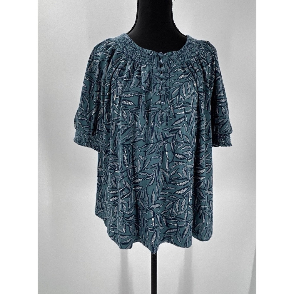 Wonderly Teal Leaf Print Smocked Peasant Top Petite M‎ Puff Sleeves Boho Cottage